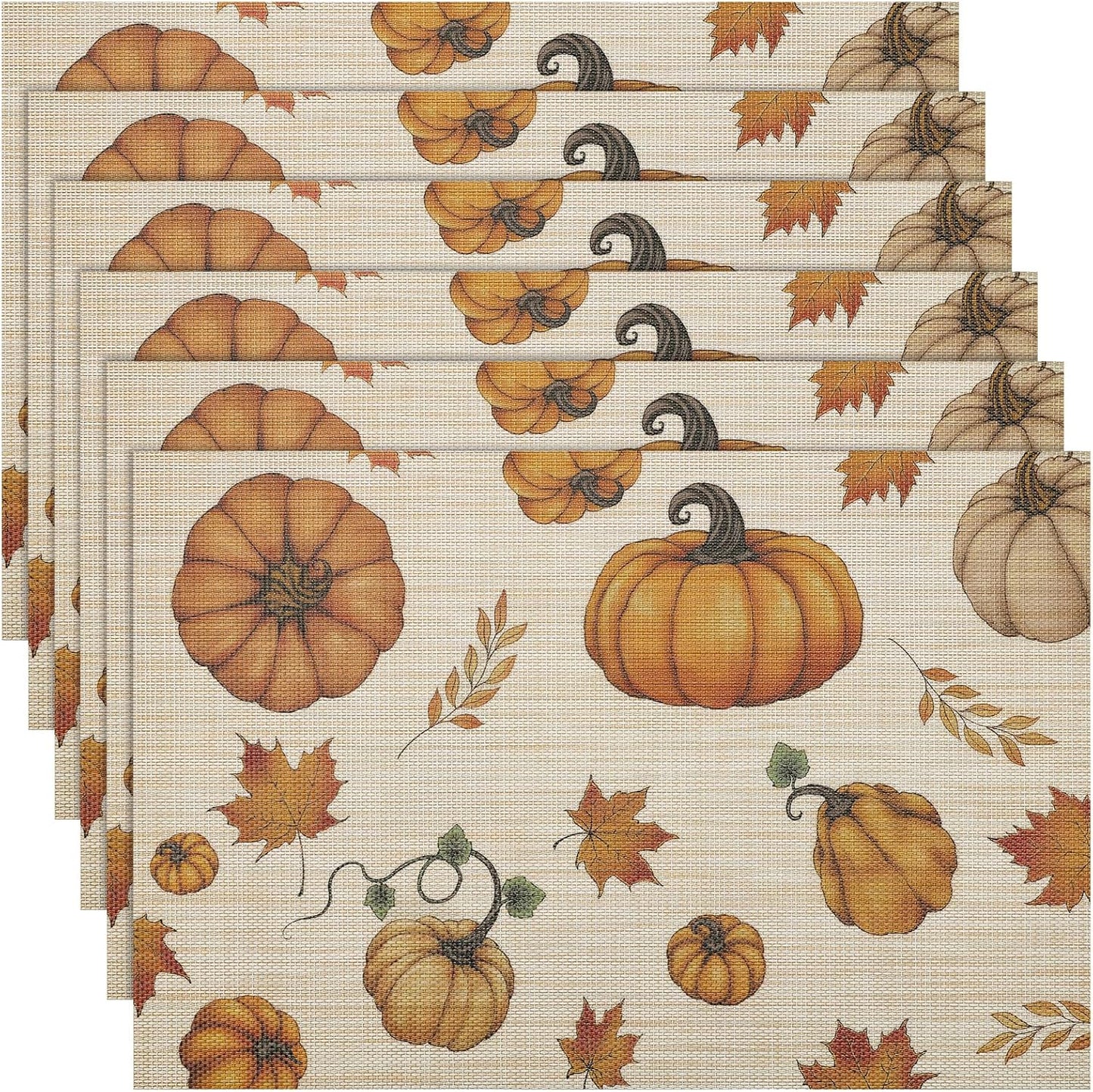 Thanksgiving Placemats Set of 6 Fall Table Mats Pumpkin Maple Leaves Table Mats Washable Non-Slip Heatproof Woven Placemats for Dining Table (17.7" X 11.8")