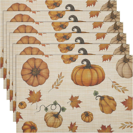 Thanksgiving Placemats Set of 6 Fall Table Mats Pumpkin Maple Leaves Table Mats Washable Non-Slip Heatproof Woven Placemats for Dining Table (17.7" X 11.8")
