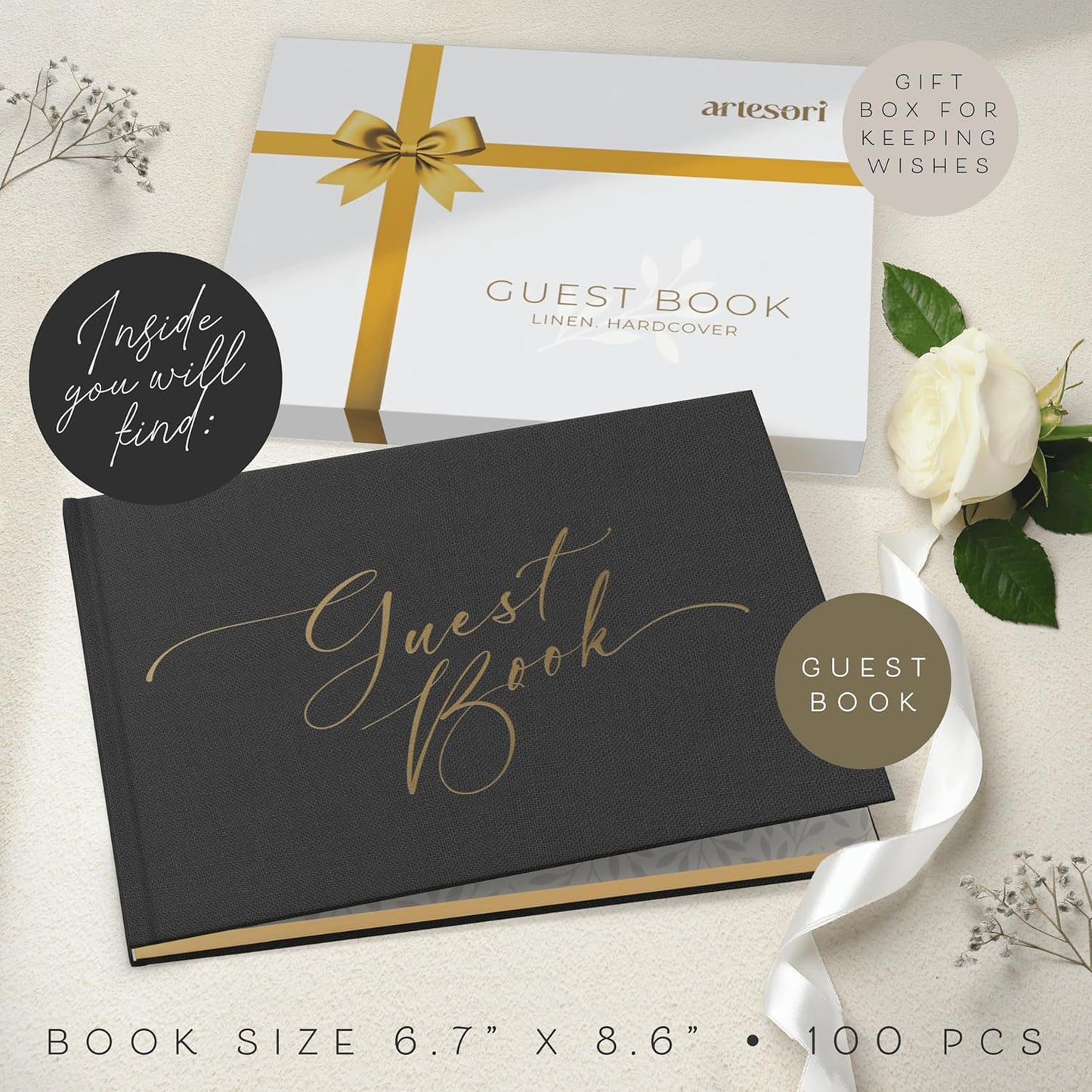 ARTESORI Black Wedding Guest Book — Gold-Foiled Blank Guest Book for Wedding Reception, Funeral Guest & Baby Shower to Sign in — Linen Photo & Polaroid Guest Book, Elegant Guestbook