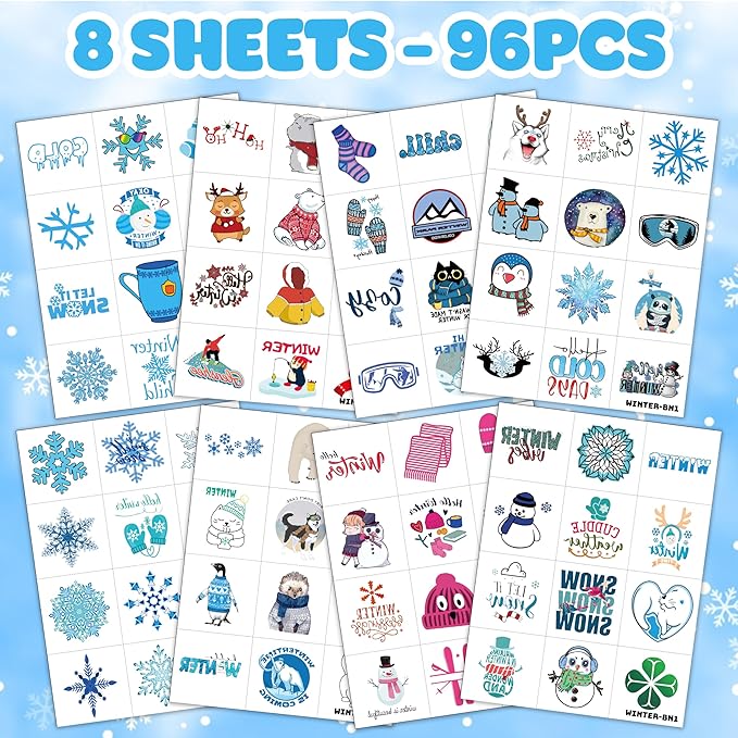 Winter Temporary Tattoos Stickers for Kids – 96PCS Snowflake, Penguin, Snowman, and Reindeer Tattoos for Christmas Birthday Party Favors, Decorations, Supplies Holiday Classroom Prizes Gifts Rewards