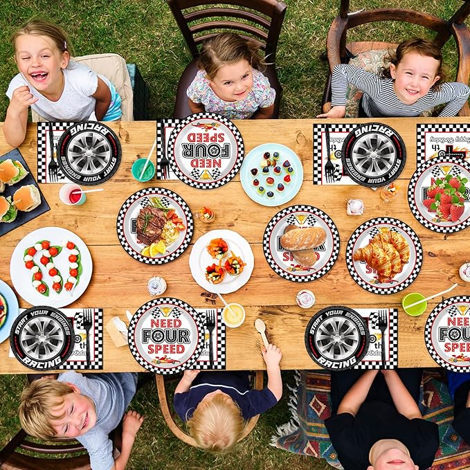 96Pcs Racing Car 4th Birthday Party Paper Plates and Napkins for Need Four Speeed Dessert Cake Plate Disposable Decor Racing Checkered Flag Tableware for Boy Kids Race Car 4 Years Birthday Decorations