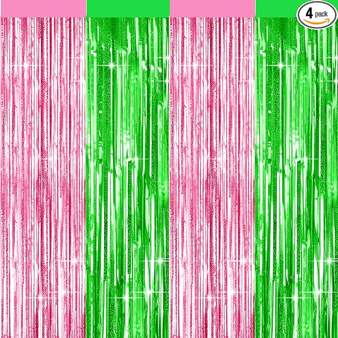 4 Packs Pink and Green Foil Fringe Curtain, Pink Green Metallic Tinsel Backdrop for Birthday, Baby Shower, Princess Bachelorette Party, Witch Party Decorations Supplies