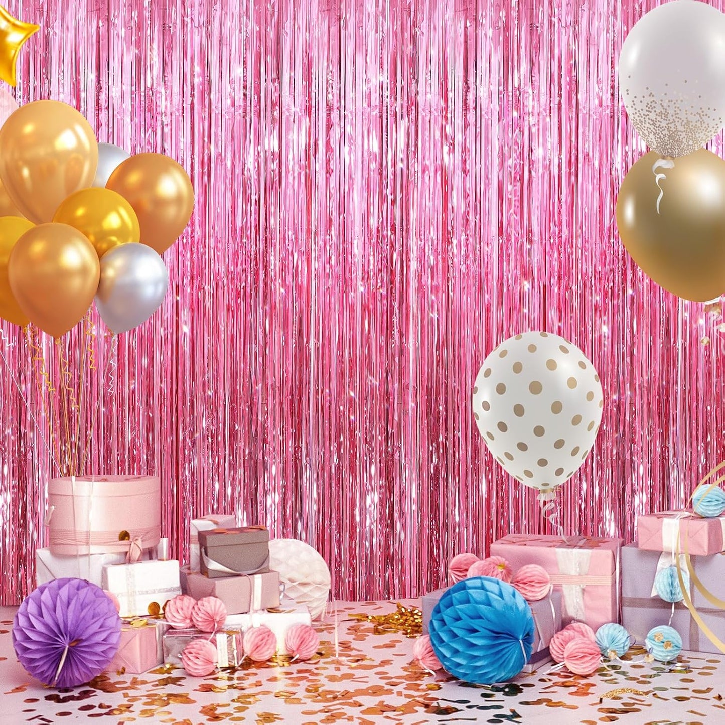 GCB 2 Pack Glitter Foil Curtain Pink Backdrop Streamers Metallic Tinsel Fringe Curtains Photo Booth Props for Birthday Wedding Engagement Bachelorette Christmas Holiday Celebration Party Decorations
