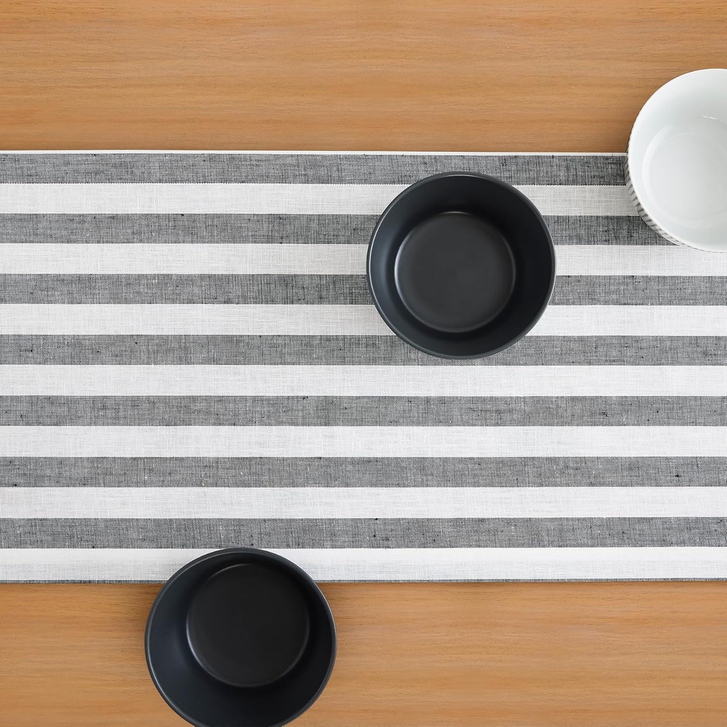 Solino Home Linen Striped Table Runner 120 Inches Long - Sorrento Stripe 100% Pure Linen Black and White Dining Table Runner 14 x 120 Inch for Fall, Autumn