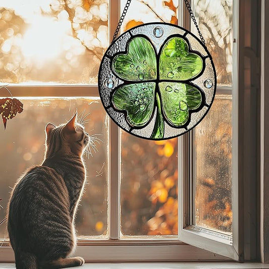 Stained Glass Window Hanging - St. Patrick's Day Green Irish Themed Gifts Sun Catcher Door Home Clover Decor Suncatcher Christmas Mother's Day Birthday Gifts for Women Men Mom Nana 9.8 in