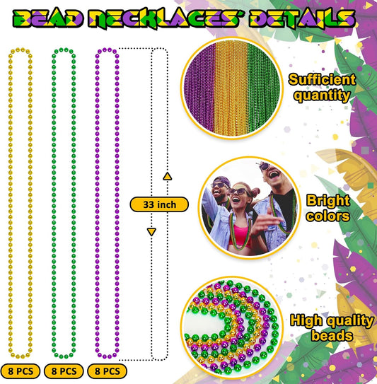 24PCS Mardi Gras Accessories, Mardi Gras Green Purple Gold Metallic Beads Necklaces Accessories Bulk, Mardi Gras Beads Necklace Costumes Women Men Kids for Parade Throws Party Decor Favor Supplies