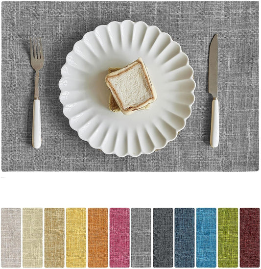 Softalker Faux Linen Placemats Set of 12-12 x 18 Inch, Heat Resistant Double Layered Durable Burlap Farmhouse Place Mats, Non-Slip Washable Rustic Table Mats for Dining, Kitchen, Party（Light Grey