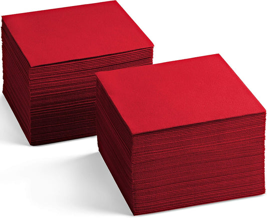 Linen-Feel Colored Cocktail Napkins - Decortive Cloth-Like FLAME RED Dessert And Beverage Napkins - Soft And Absorbent. For Restaurant, Bar, Cafe, Or Event. (Pack of 100)