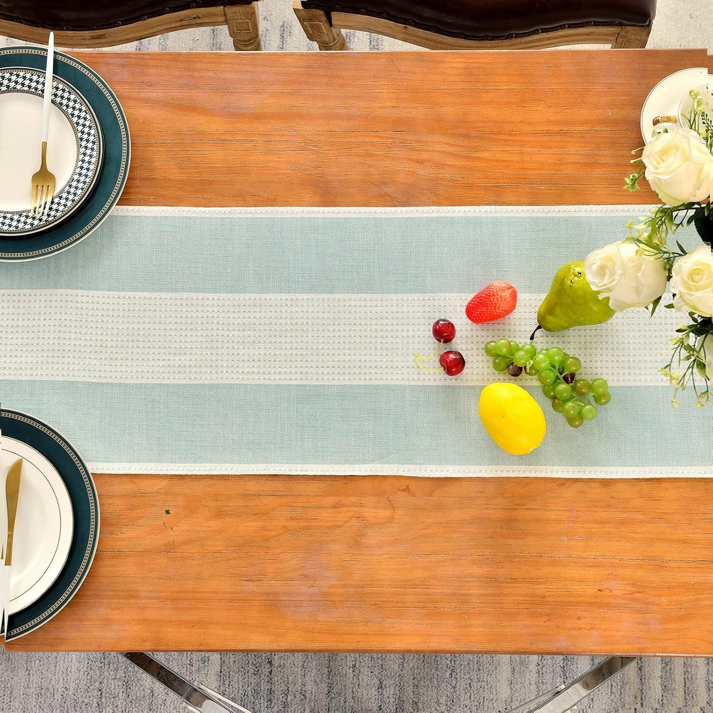 Wracra Linen Table Runner, Farmhouse Macrame Table Runners 108 Inches Long for Dining Table Decor, Wedding, Party and Dresser Decor (Aqua Blue,108")