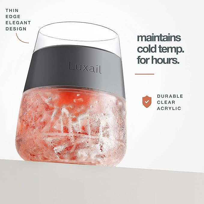 Wine Glasses, Plastic Wine Glasses Set of 2, Wine Gifts, Double Wall Insulated Freezer Tumbler, Stemless cups for Red and white Wine, 8.5 Oz, Grey