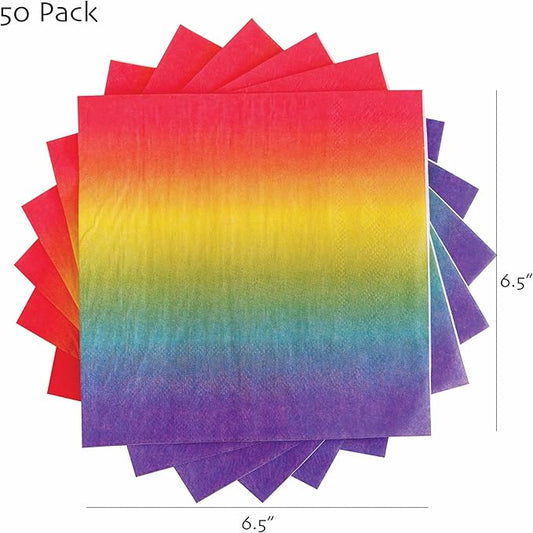 Rainbow Napkins - 50 Pack Disposable Birthday Paper Napkins Rainbow Ombre Gradient for Pride Month Party Supplies - 6.5" x 6.5" inches.