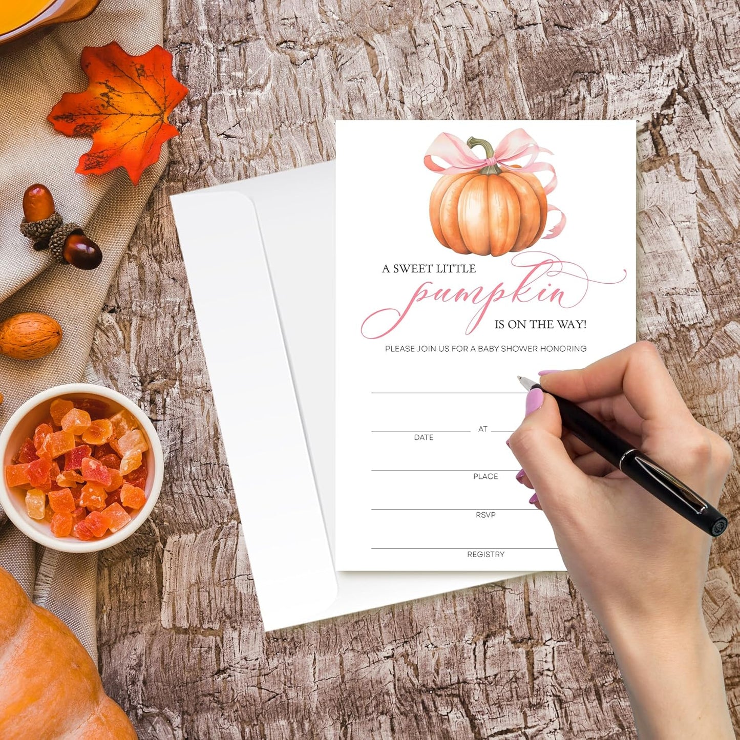Pink Pumpkin Baby Shower Invitations - “A Sweet Little Pumpkin Is On The Way” Design with Envelopes And RSVP Cards - 20Pcs Fill In Baby Shower Party Cards(4 x 6 Inch) (042)