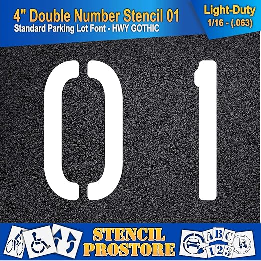 Pavement, Curb, and WheelStop Stencils - 4 inch Double Number Stencil - (01) - 4" x 4" x 1/16" (63 mil) - Light-Duty