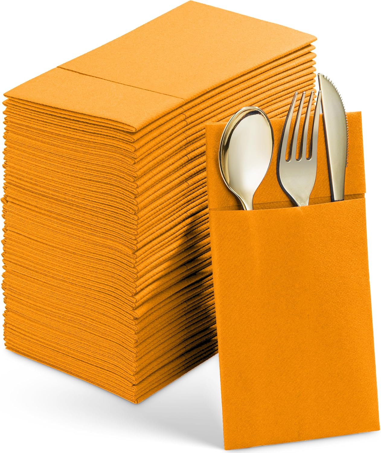 50-Pack Disposable Linen-Feel Dinner Napkins With Built-in Flatware Pocket, LUMINUOS ORANGE Prefolded Cloth Like Paper Napkins For Thanksgiving, Wedding, Dinner Or Party
