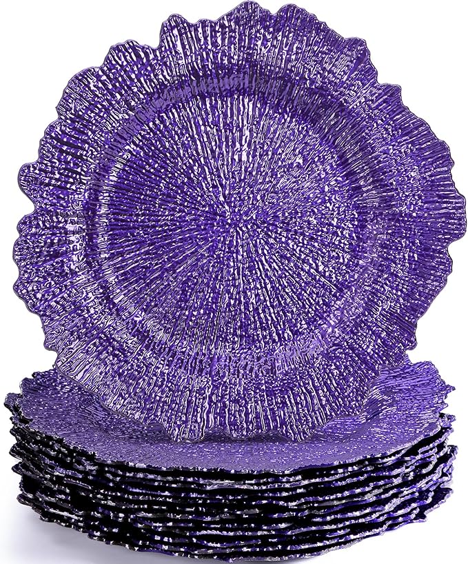 WUWEOT 12 Pack Purple Charger Plates, 12.7" Plastic Reef Dinner Under Plate, Round Charger Service Base Plate Bulk with Ruffled Rim for Party, Wedding, Catering Event, Tabletop Decor