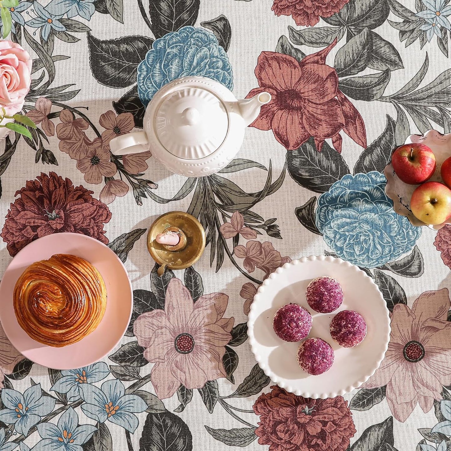 Designer French Linen Small Tablecloth for Rectangle Table,Red and Blue Floral Durable Tablecloths,Decor Table Cover for Kitchen,Dining,Thanksgiving,Christmas,55"*71"-Burgundyred
