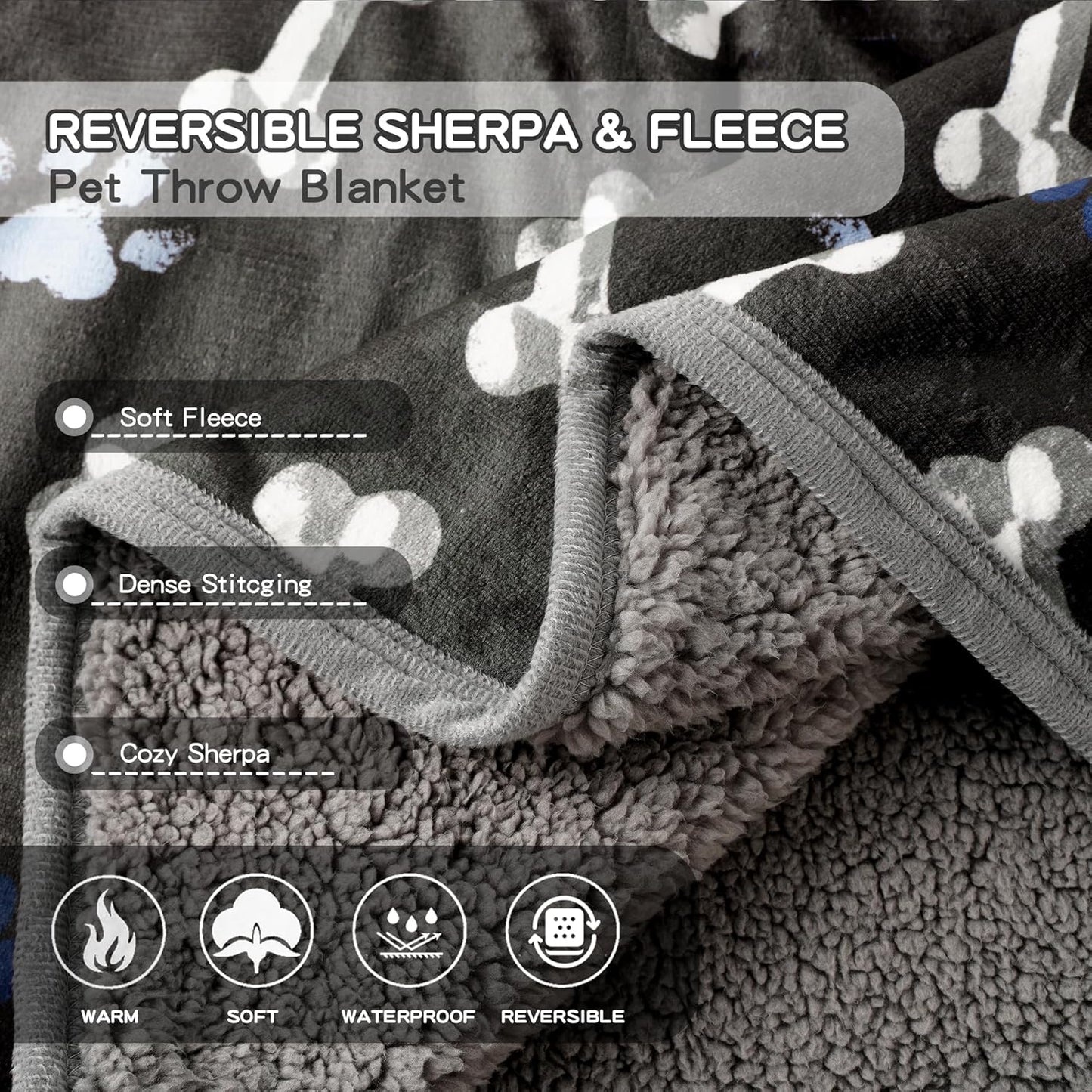 Waterproof Dog Blankets Pet Blanket, 30"x40" Cat Blanket for Indoor Cats, Soft Fluffy Sofa Car Bed Protector, Reversible Sherpa Fleece Puppy Blanket for Small Medium Dogs (Navy Paws)