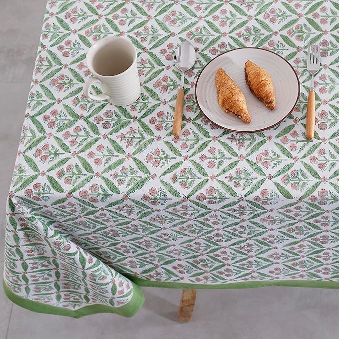 Labhanshi Indian Block Handprint Table Cloth|French Floral 8 Seater 72x108 Inch Rectangle Cotton Table Cover|Thanksgiving Baby Shower Dining Tablecloth|Outdoor Birthday Party Table Decor|Green Pink