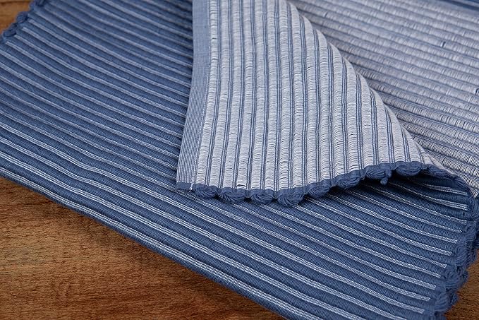 Sticky Toffee Cotton Table Runner 14x72 in – Blue Woven Ribbed Farmhouse Boho Décor for Kitchen or Dining Table, Oeko-Tex Cotton