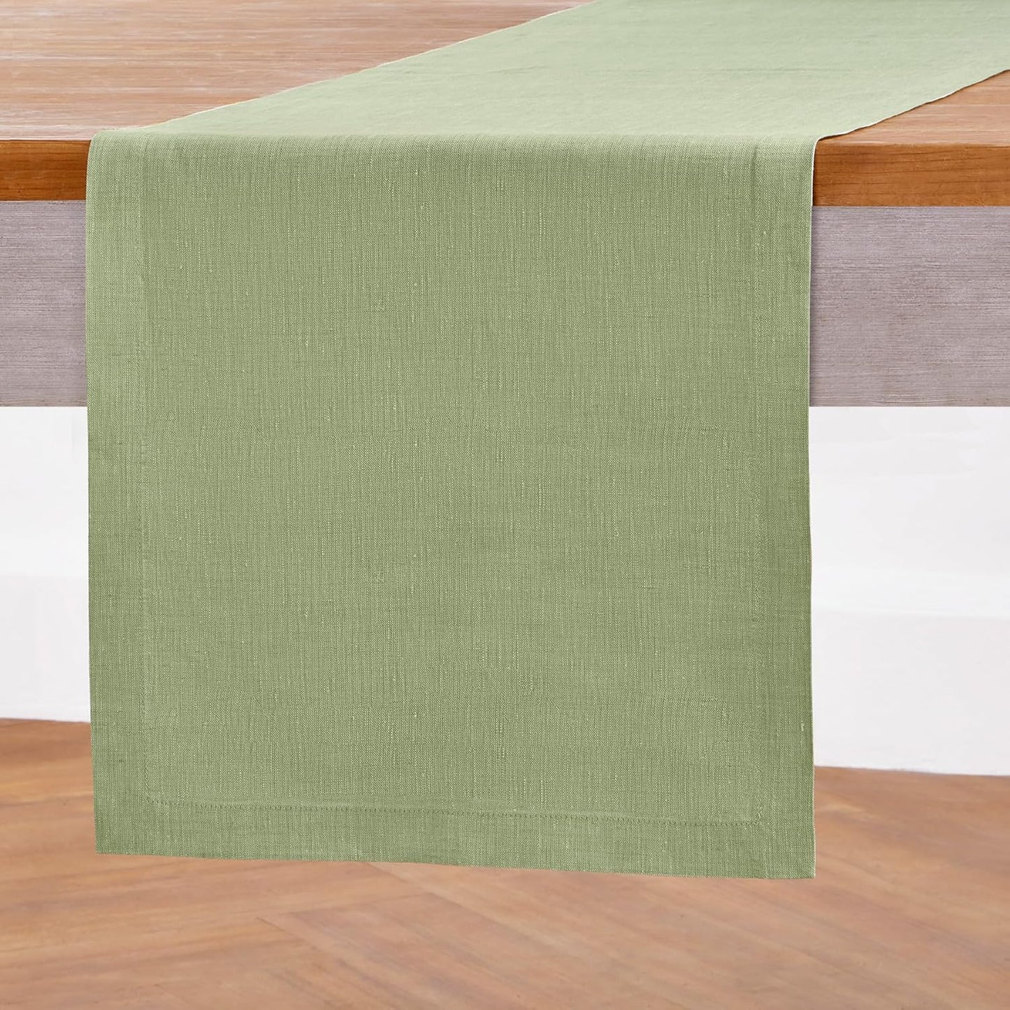 Solino Home Linen Table Runner 108 Inches Long - Athena, 100% Pure Linen Chambray Olive Table Runner 14 x 108 Inch for Dining, Fall, Autumn, Thanksgiving