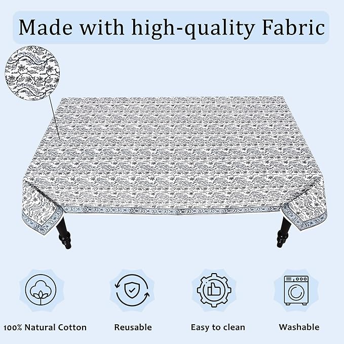 Ridhi Hand Block Print Baby Blue Eyes Rectangle Cotton Tablecloth 108" x 70" Reusable Table Cover Decorative Everyday Use for Dining, Farmhouse, Home Gift for Spring, Easter, Valentine