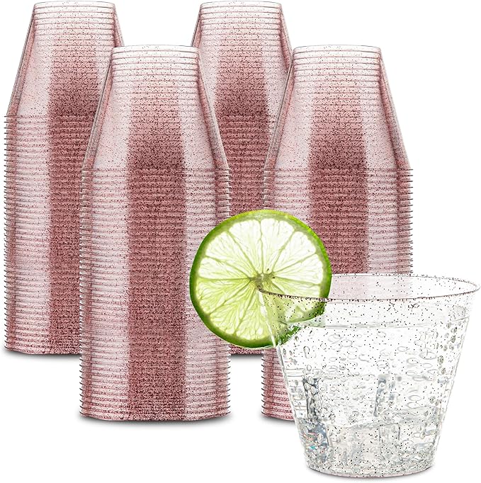 PLASTICPRO 9 oz Disposable Plastic Party Cups,Old fashioned Designed Tumblers, Rose Gold Glitter 200 Count,