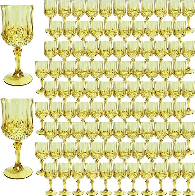 Plastic Wine Glasses, Plastic Goblets Vintage Style Cordial Unbreakable Drinking Glasses, Reusable Drinkware for Wedding Reception, Grand Event Party Supplies, Easter (100, Gold)