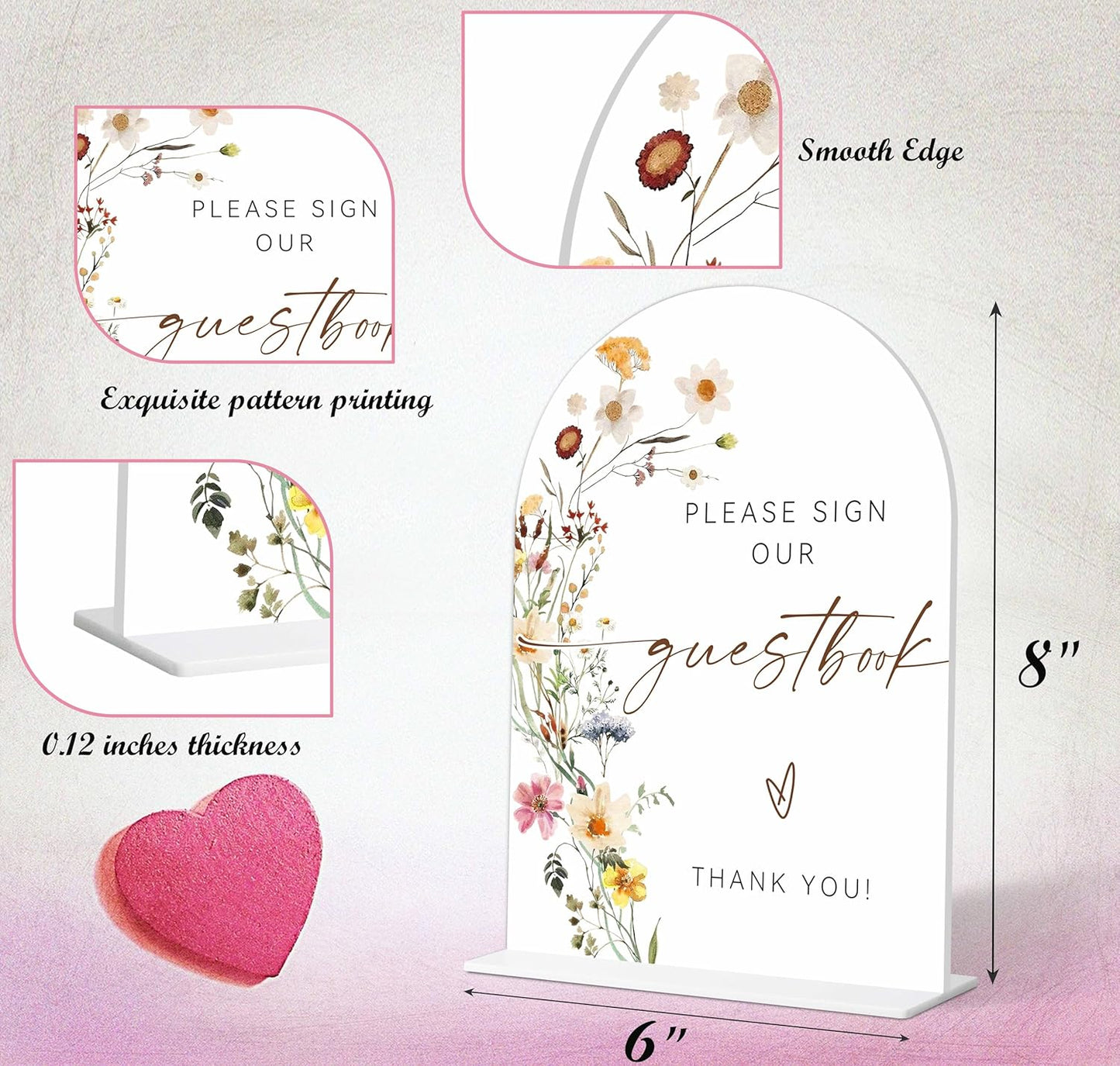 Please Sign Our Guestbook Sign, Flower Style Bridal Shower Signs for Wedding, Bridal Shower and Reception, Bridal Shower Decor, Wedding Shower Favors, 6X8 Inch Acrylic Arch Signs with Stand,15