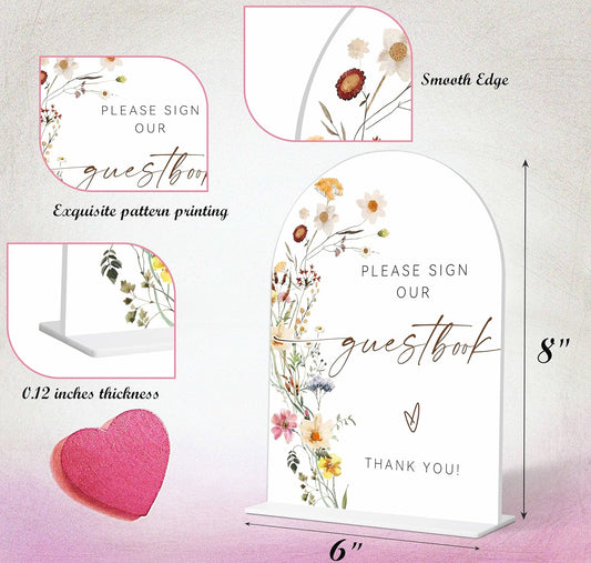Please Sign Our Guestbook Sign, Flower Style Bridal Shower Signs for Wedding, Bridal Shower and Reception, Bridal Shower Decor, Wedding Shower Favors, 6X8 Inch Acrylic Arch Signs with Stand,15