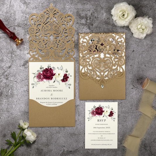 50pcs Laser Cut Wedding Invitations with Envelopes and RSVP Cards Burgundy and Gold, 5x7.3 Personalized Invitation Cards for Wedding, Anniversary Invitations with Rhinestone