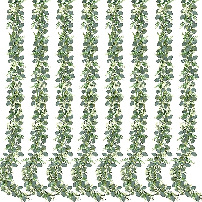 Sggvecsy 8 Pack Artificial Eucalyptus Garland Eucalyptus Leaves Vines Greenery Garland Faux Silver Dollar Eucalyptus Leaves for Table Party Wedding Indoor Outdoor Home Mantle Wall Decor