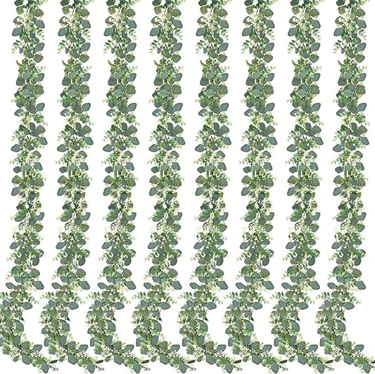 Sggvecsy 8 Pack Artificial Eucalyptus Garland Eucalyptus Leaves Vines Greenery Garland Faux Silver Dollar Eucalyptus Leaves for Table Party Wedding Indoor Outdoor Home Mantle Wall Decor