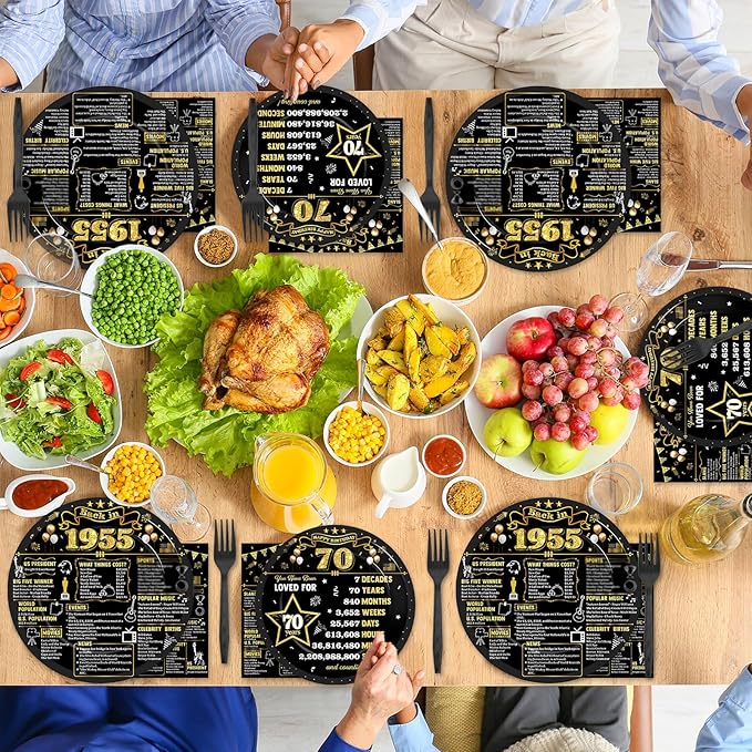 CHUNNIN 96Pcs 70th Birthday Plates and Napkins Back in 1955 Party Decorations Black Gold 70 Year Old Party Dessert Plates 1955 Tableware for 24 Guests 70th Theme Men Woman Birthday Supplies