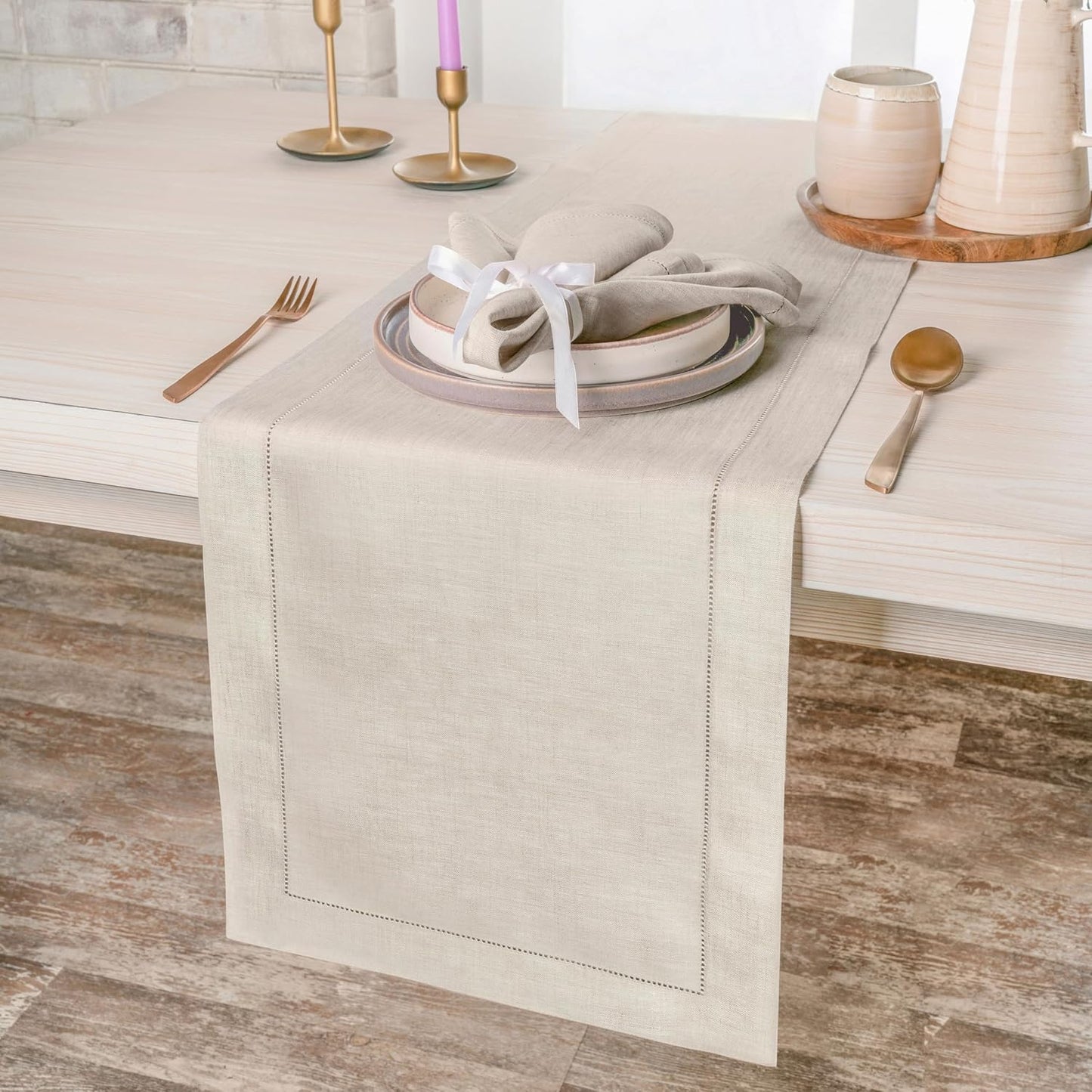 D'Moksha Homes Linen Light Natural Table Runner 120 Inches Long - 100% Pure Linen Hemstitch 14 x 120 Inch Table Runner for Dining, Fall, Autumn and Halloween - Classic Hemstitch