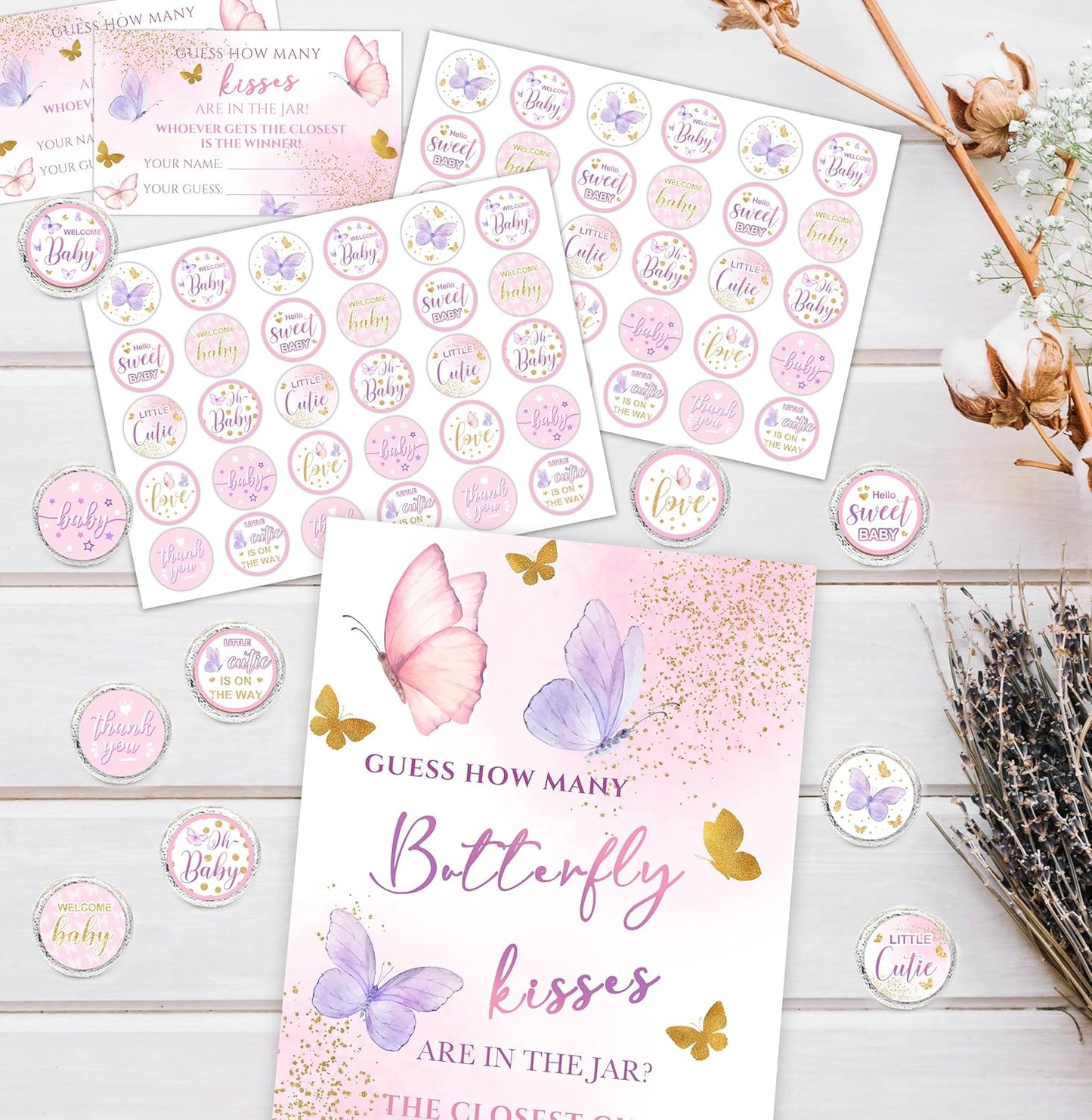 How Many Butterfly Kisses Baby Shower Game Set - Standing Sign, 50 Guessing Cards, 180 Stickers