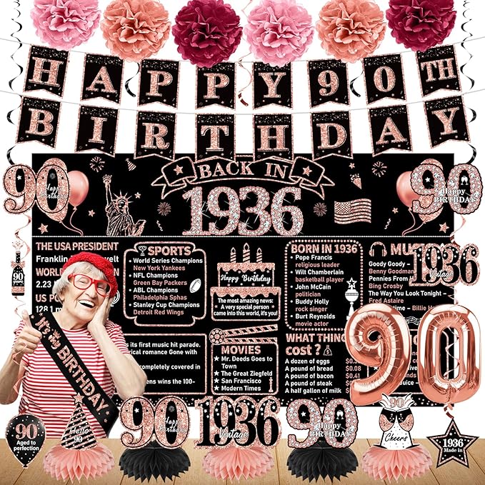 Zirtorei 90th Birthday Decorations for Women, 21pcs the Year 1936 Banner Balloon Party Supplies, Rose Gold 90 Year Old Birthday Backdrop, 90 Bday Honeycomb Centerpiece Hanging Swirls Sash Gifts