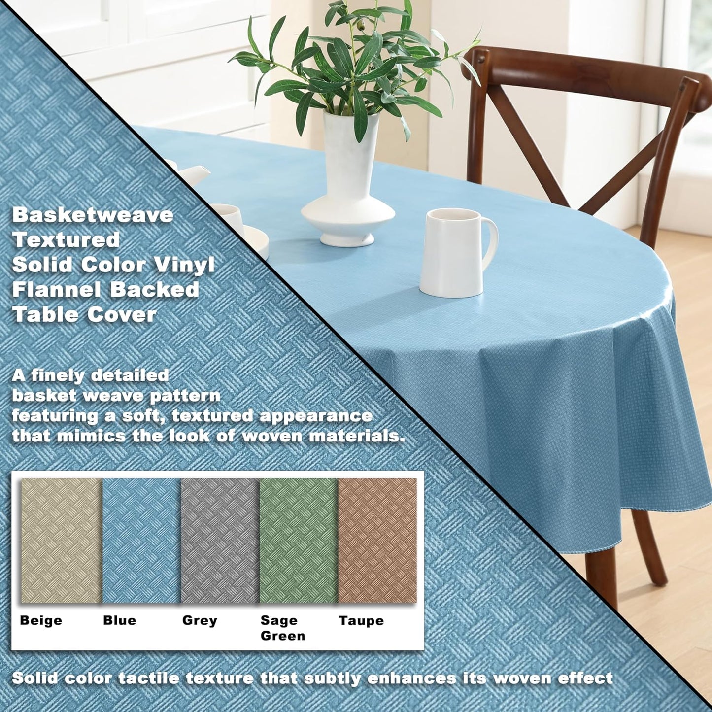 Newbridge Basketweave Vinyl Flannel Backed Tablecloth, 60 x 84 Inch Oval, Blue, Basket Weave Textured Indoor Outdoor Waterproof Table Cover for Patio, Kitchen, Dining