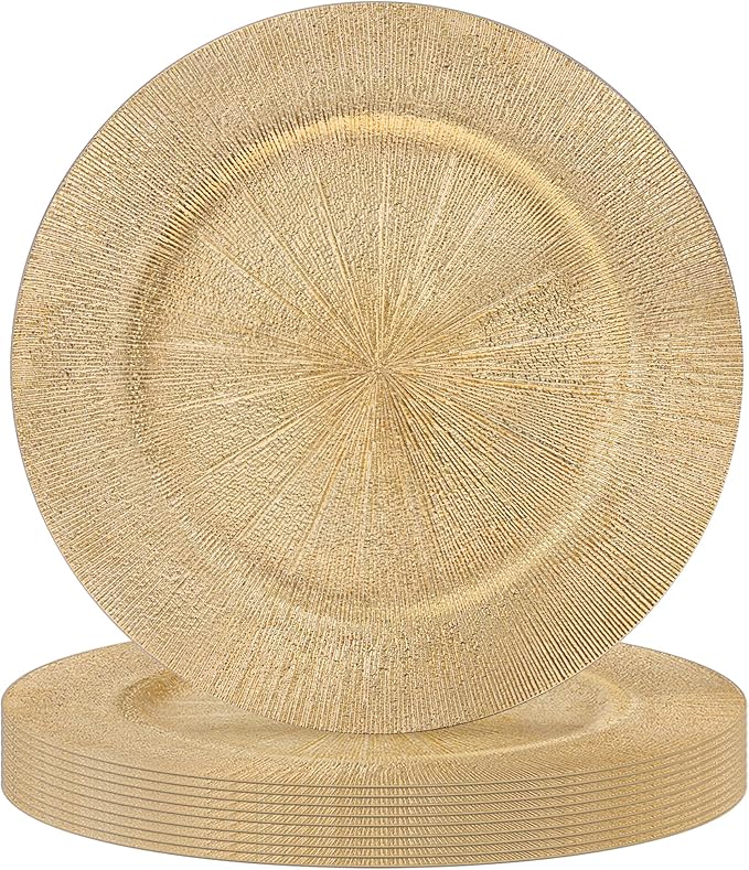 JEVERGN 10 Pack Gold Charger Plates, 13" Plating Linear Chargers for Dinner Plates, Gold Plate Chargers Set of 10, Round Plastic Charger for Wedding, Party Event, Dinner, Table Setting