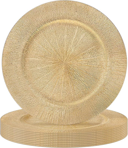 JEVERGN 10 Pack Gold Charger Plates, 13" Plating Linear Chargers for Dinner Plates, Gold Plate Chargers Set of 10, Round Plastic Charger for Wedding, Party Event, Dinner, Table Setting