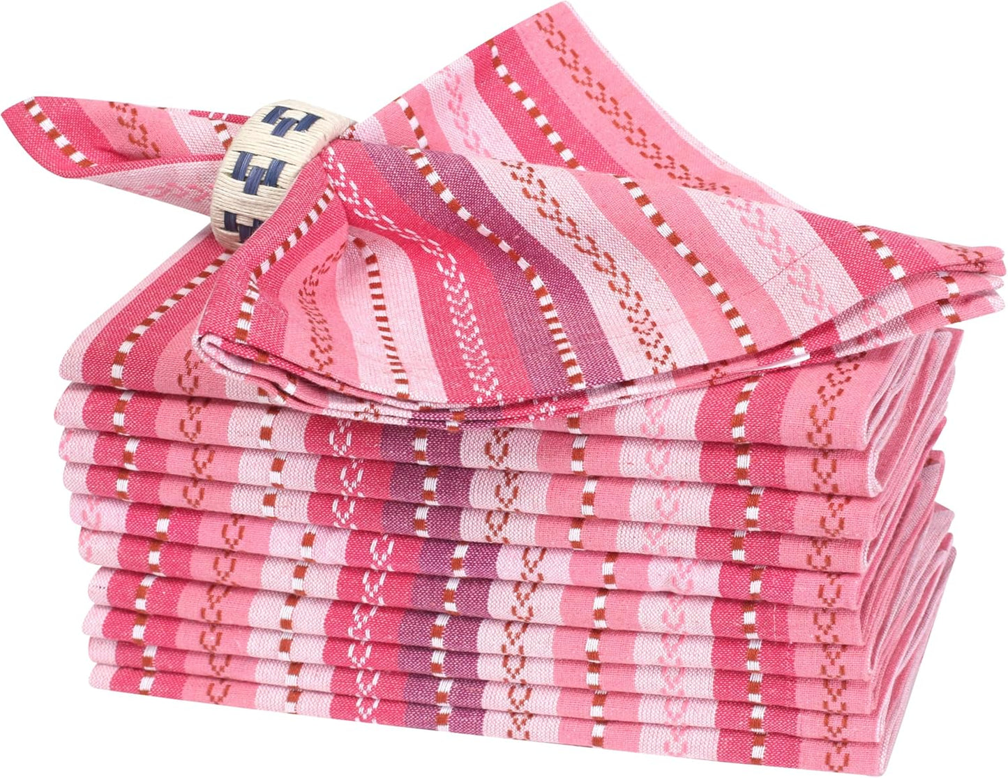 Homidate Cotton Cloth Dinner Napkins Set of 12 – 18x18 Pink Multi Salsa Stripe – Reusable Machine Washable Fabric Napkins for Weddings, Parties, Kitchen & Everyday Dining