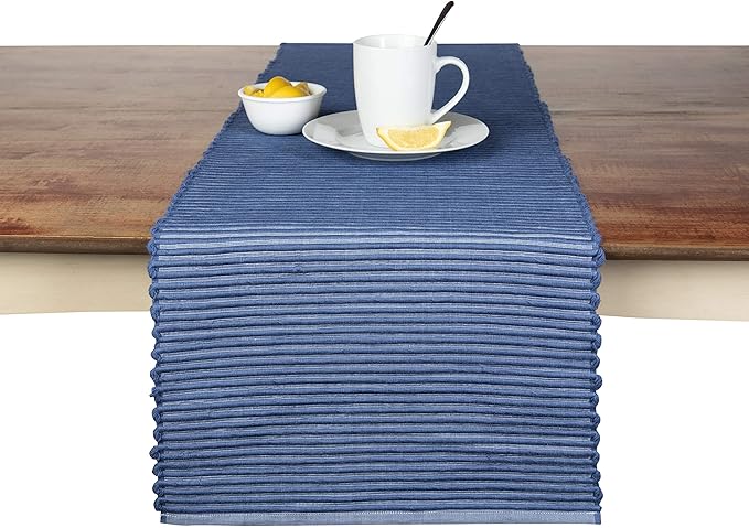 Sticky Toffee Cotton Table Runner 14x72 in – Blue Woven Ribbed Farmhouse Boho Décor for Kitchen or Dining Table, Oeko-Tex Cotton