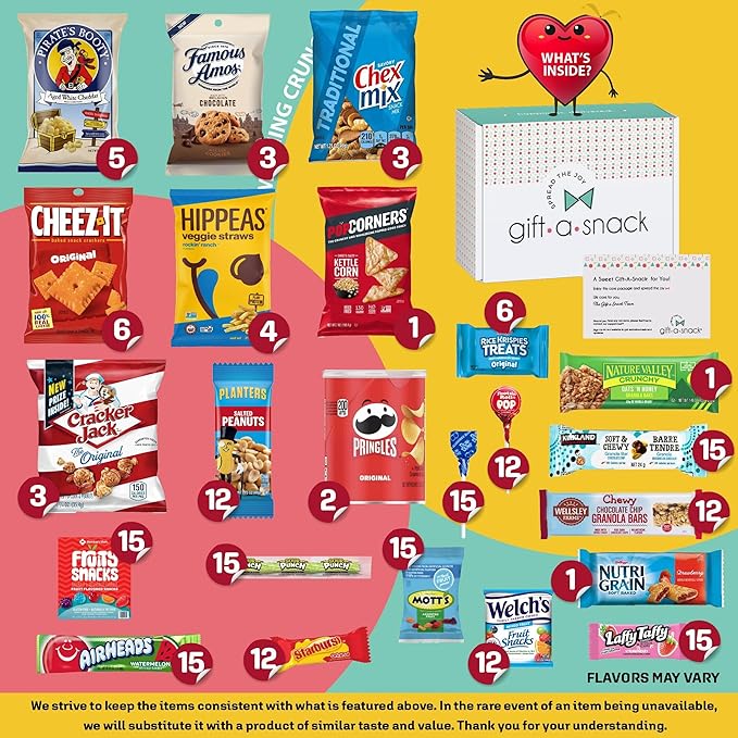 Gift A Snack - Halloween Trick or Treats Snack Box Care Package Variety Pack + Greeting Card (200 Count) Birthday Sweet Treats Gift Basket, Candies Chips Crackers Bars, Office Food Assortments