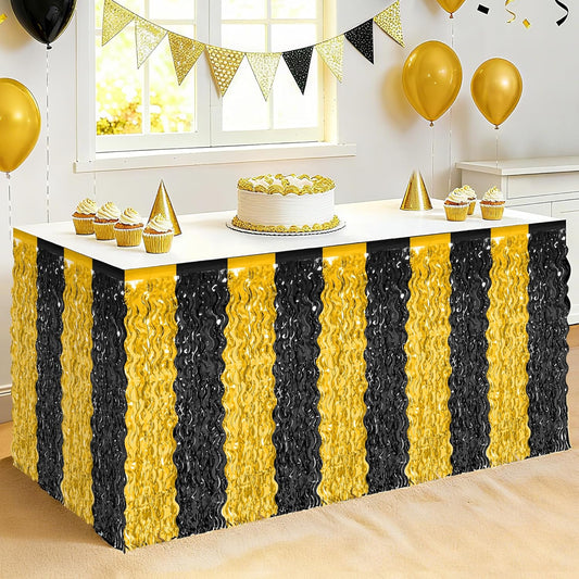 2 Pack New Years Desk Skirt, Black Gold Grass Skirt for Table, New Years Metallic Wavy Tinsel Foil Fringe Table Skirts, Table Curtain Skirts for Graduations Wedding Birthday Indoor Party Decorations