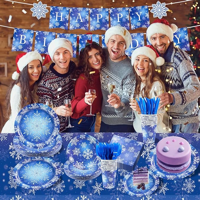 182 Pieces Frozen Birthday Party Supplies Serve 30,Blue and Purple Snowflake Winter Wonderland Disposable Tableware for Christmas Winter Holiday Decorations