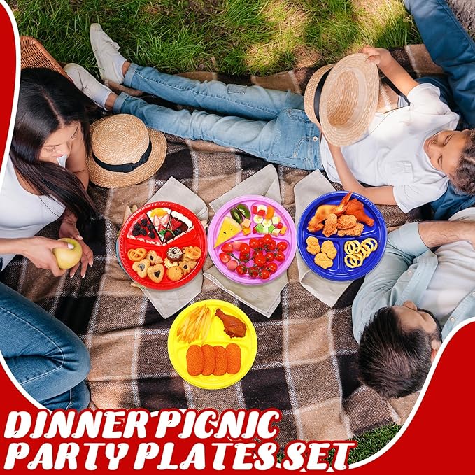 50 Pcs 10 Inch Plastic 3 Compartment Divided Plates Heavy Disposable Plates Duty Round Dinner Plates with Dividers for Wedding Birthday Party Dinnerware(Multicolor)