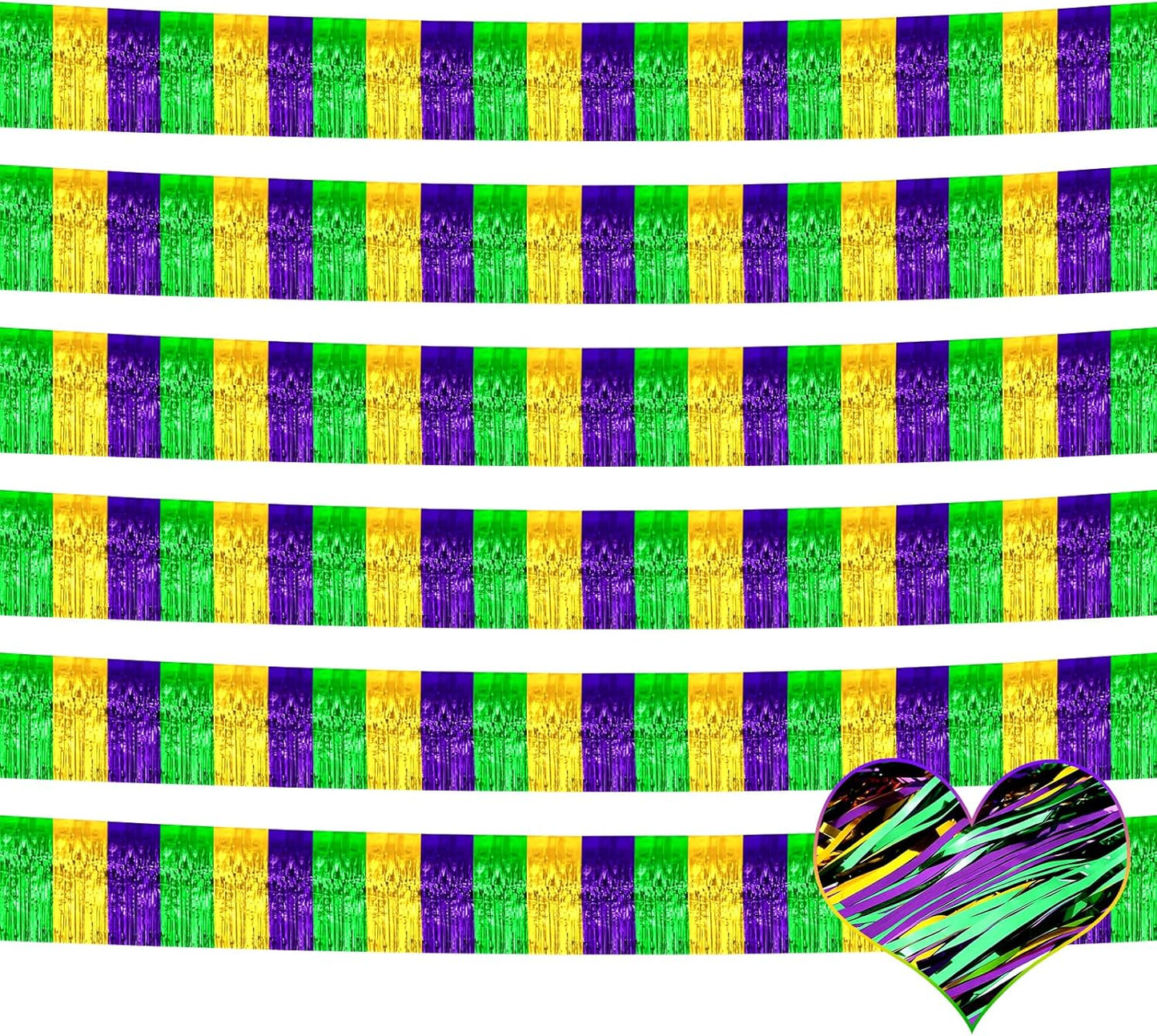 6 Pack 6 Feet Mardi Gras Foil Fringe Garland Metallic Tassle Banner Wall Hanging Tinsel Streamers Backdrop for Parade Floats, Bachelorette, Wedding, Birthday Party Decorations(Gold Green Purple)