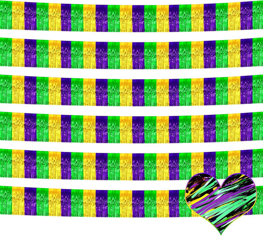 6 Pack 6 Feet Mardi Gras Foil Fringe Garland Metallic Tassle Banner Wall Hanging Tinsel Streamers Backdrop for Parade Floats, Bachelorette, Wedding, Birthday Party Decorations(Gold Green Purple)