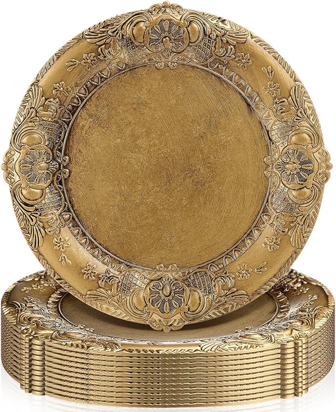Mifoci Antique Gold Charger Plates Set of 12 Plastic Gold Chargers for Dinner Plates Decorative 13" Round Plate Bulk with Embossed Rim for Dinner, Party, Wedding