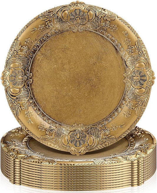 Mifoci Antique Gold Charger Plates Set of 12 Plastic Gold Chargers for Dinner Plates Decorative 13" Round Plate Bulk with Embossed Rim for Dinner, Party, Wedding