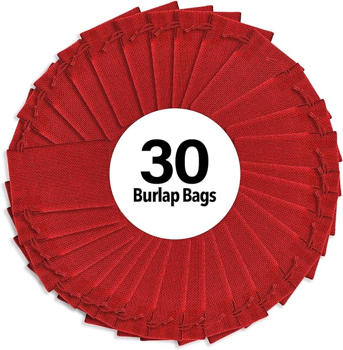 Mandala Crafts 4X6 Inch Red Burlap Drawstring Gift Bags for Favors - 30 Small Linen Sacks Gift Pouches for Candy, Coffee, Jewelry, Wedding, and Party Supplies